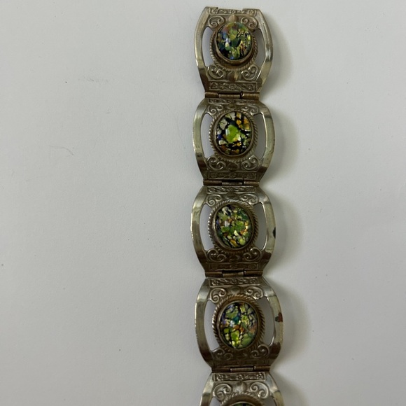 Vintage Hecho En Mexico Silver Bracelet with Green Faux Opal Abalone Inlays - Picture 4 of 7